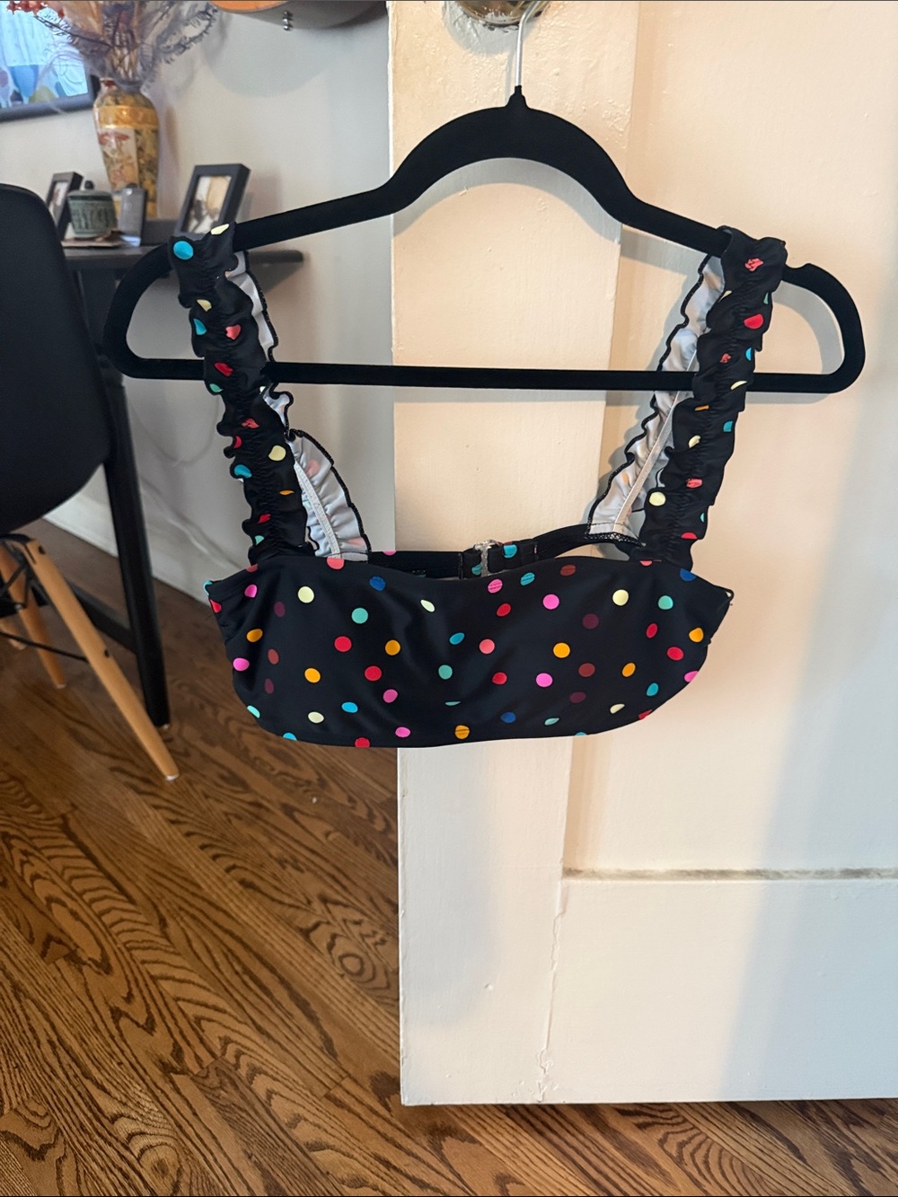 No Boundaries Black Polka Dot Swim Top with Multicolor Dots
